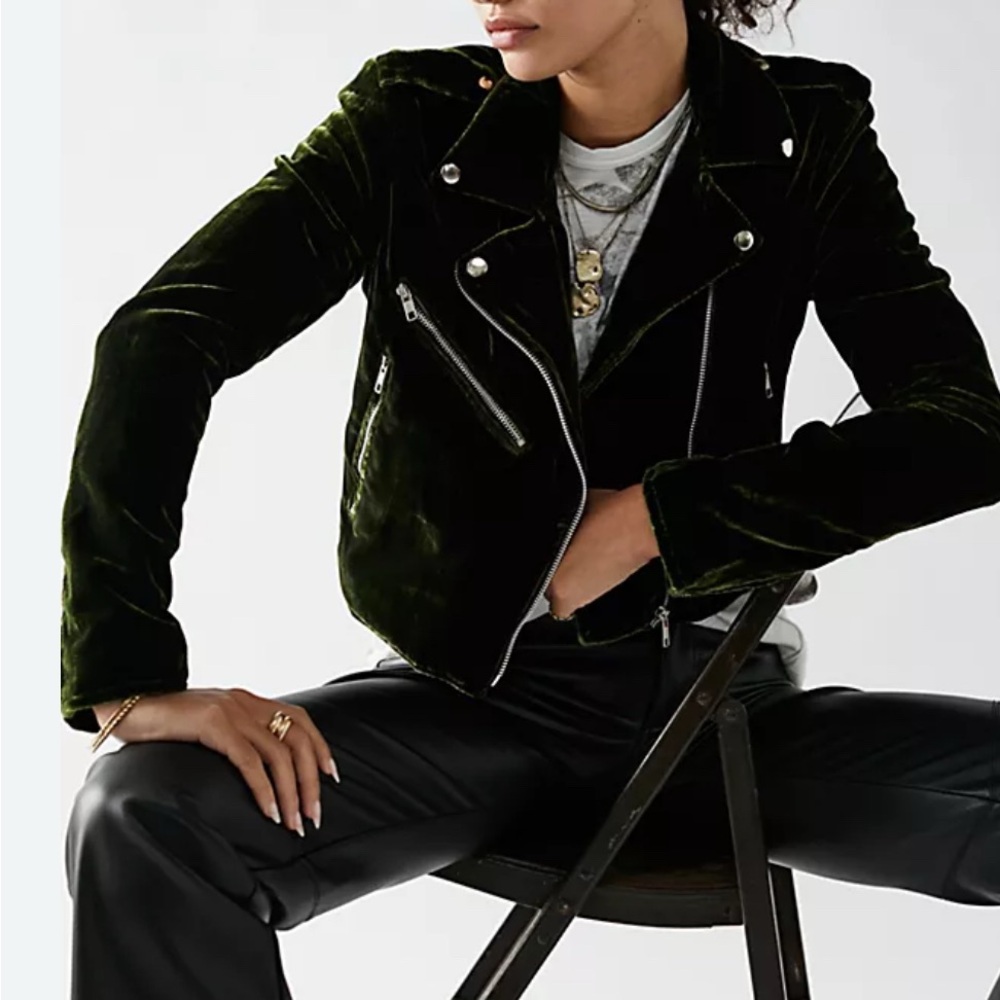 Free People Dark Green / Navy Leather Moto Jacket with Asymmetrical Zipper
